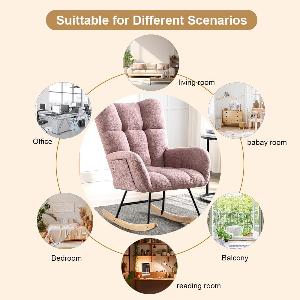 Rocking Chair Nursery, Teddy Upholstered Glider Rocker with High Backrest, Reading Chair Modern Rocking Accent Chairs Glider Recliner for Living Room, Nursery, Bedroom,Pink