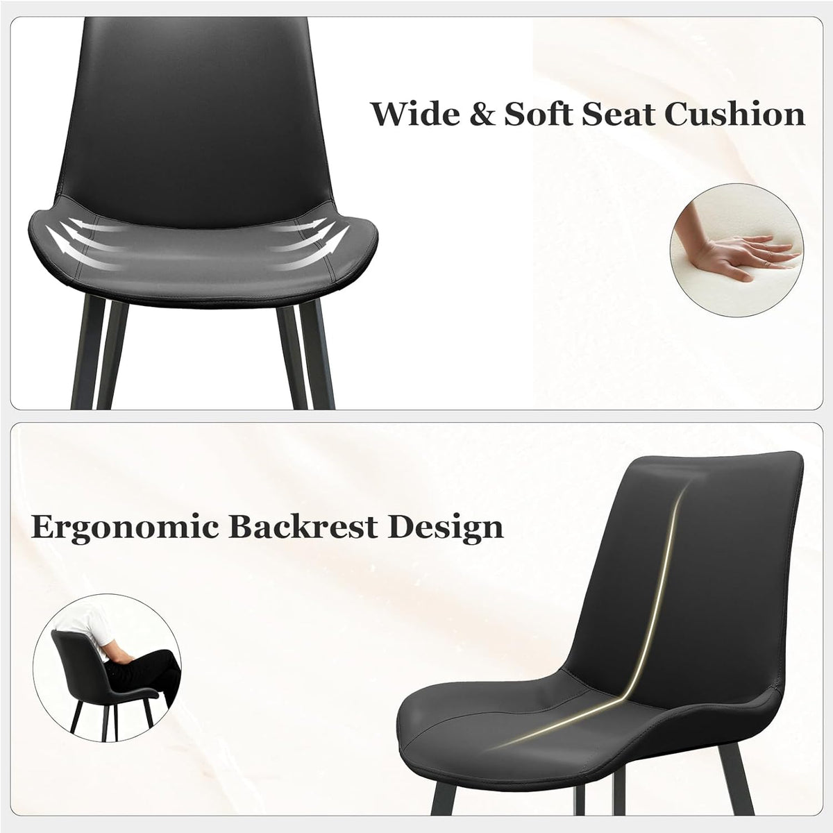 Modern Dining Chairs Set of 6, PU Leather Dining Room Chairs, Upholstered Kitchen Chairs with Ergonomic Backrest & Sturdy Metal Legs, Perfect for Dining Room, Living Room, Black