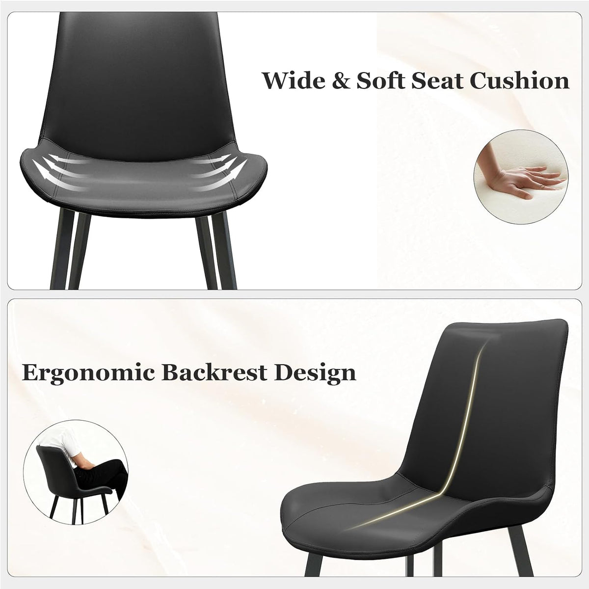 Black Dining Chairs Set of 4, PU Leather Dining Room Chairs, Upholstered Kitchen Chairs with Ergonomic Backrest & Sturdy Metal Legs, Perfect for Dining Room, Living Room, Black
