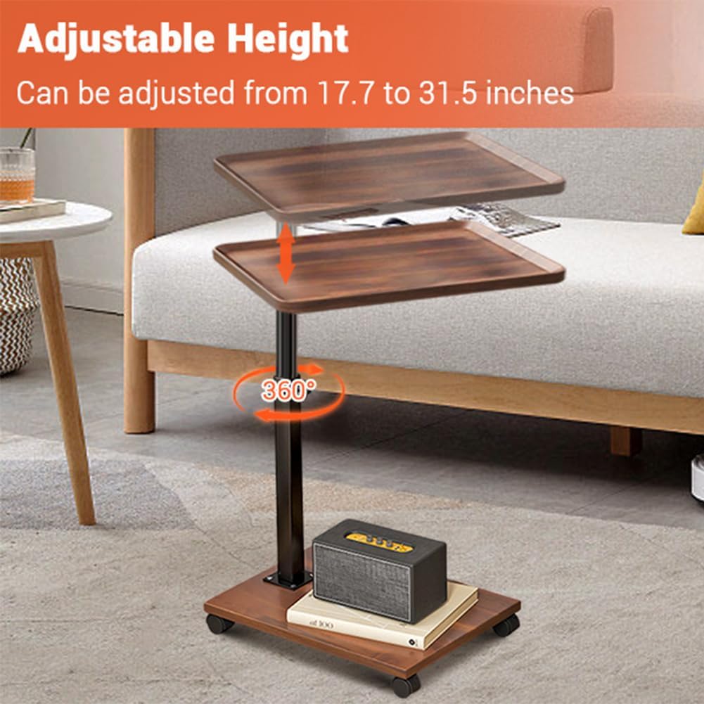 C Shaped End Table Adjustable Height, 360°Swivel TV Tray Table for Small Spaces, Couch Tables That Slide Under, c Shaped Side Tables with Wheels