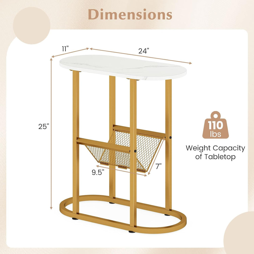 Giantex Oval Narrow Side Table, Small End Table with Magazine Rack Sling Holder Pouch, Modern Slim Nightstand, Bedside Tables for Living Room Bedroom Couch Small Spaces, White & Gold