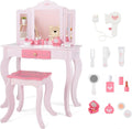 INFANS Kids Vanity, 2 in 1 Wooden Princess Makeup Table and Stool Set with Tri-Folding Detachable Mirror 10 Accessories, Toddler Pretend Beauty Dressing Play for Girls Aged 3+