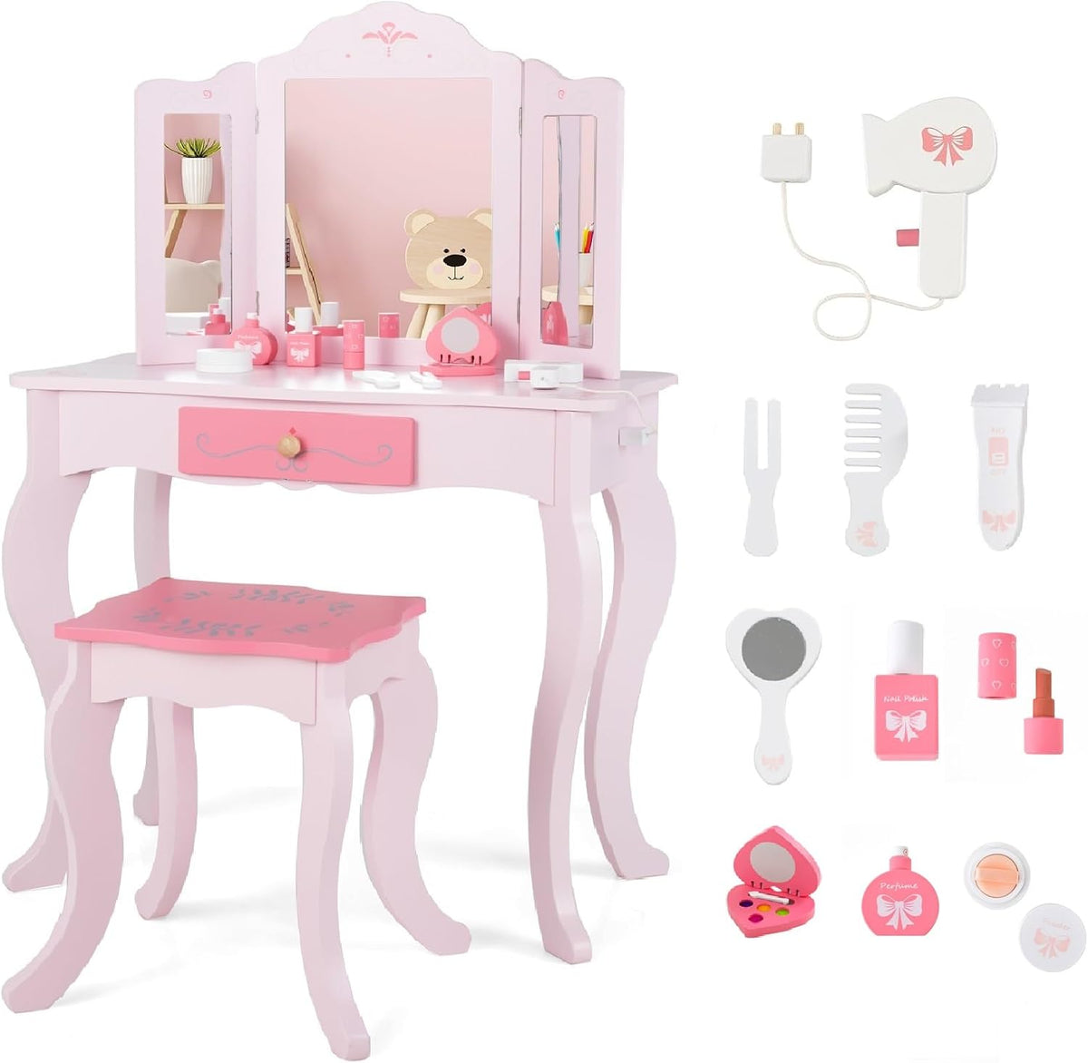 INFANS Kids Vanity, 2 in 1 Wooden Princess Makeup Table and Stool Set with Tri-Folding Detachable Mirror 10 Accessories, Toddler Pretend Beauty Dressing Play for Girls Aged 3+