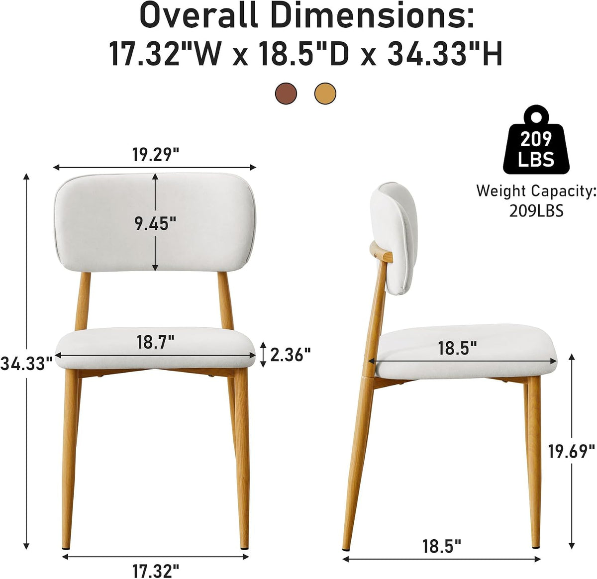 weselon Mid-Century Modern Dining Chairs Set of 4, Upholstered Velvet Dining Room Chairs with Ergonomic Curved Backrest, Wood Grain Metal Frame with Adjustable Feet (Natural Frame+Gray White Seat, 4)