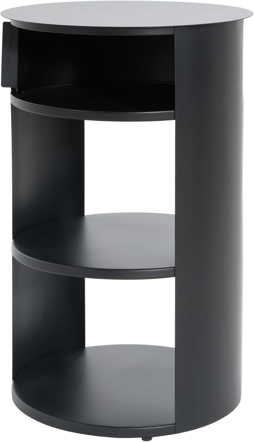 GDFStudio 3-Tier Modern Round Side Table with Sliding Door Storage, Pre-Assembled Matte Black Metal End Table for Living Room or Office – Space-Saving Cylindrical Design with Open Shelves