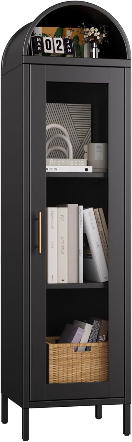 63" H Metal Arched Display Cabinet with 2 Adjustable Shelves, Arch Bookcase with 1 Glass Door for Dining Room, Living Room, Office, Bathroom, Assembly Required (Black)