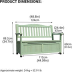 48in Wooden Outdoor Storage Bench, 2-Seater Patio Garden Bench with Backrest & Armrests, Weather-Resistant Deck Box for Porch, Yard & Pool(Green)