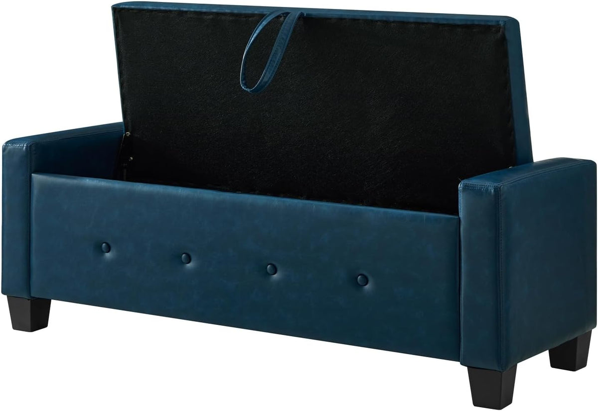 Storage, Bench for Bedroom,Living Room,Hallway, Upholstered Tufted Faux Leather Ottoman Blue