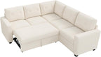 HONBAY Corduroy Sectional Sleeper Sofa with Pull Out Bed, 5 Seaters 83.4 Inch Setional Couch for Living Room Apartment, Beige
