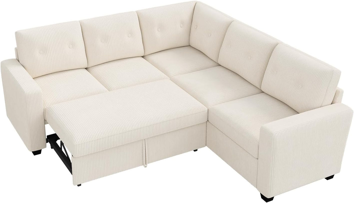 HONBAY Corduroy Sectional Sleeper Sofa with Pull Out Bed, 5 Seaters 83.4 Inch Setional Couch for Living Room Apartment, Beige