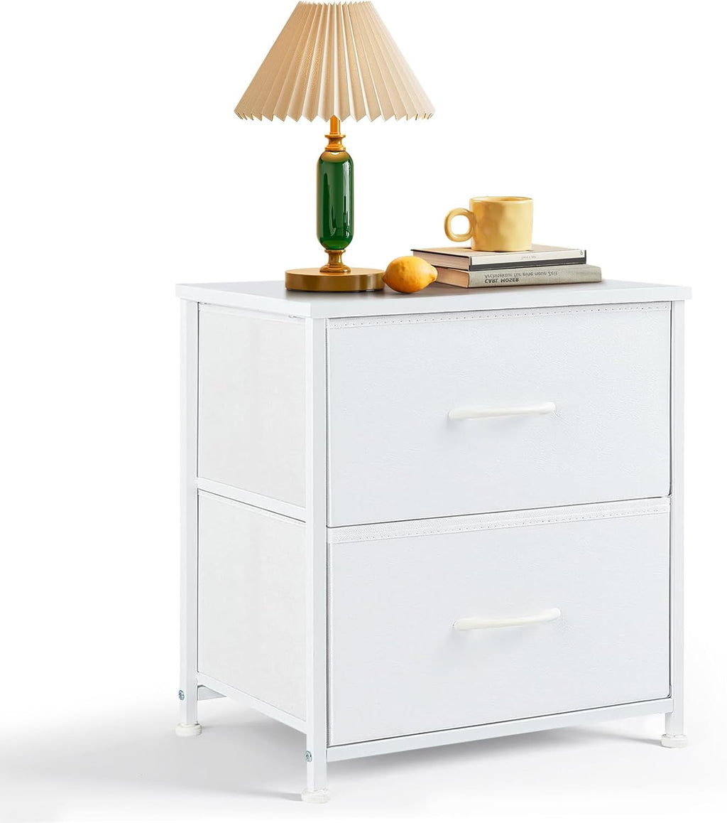 Nightstand Small 2 Drawer Dresser End Table Bedside Furniture | Wooden Top Fabric Bins for Bedroom, Closet, Entryway, Dorm, 11.8" D x 18" W x 20", White