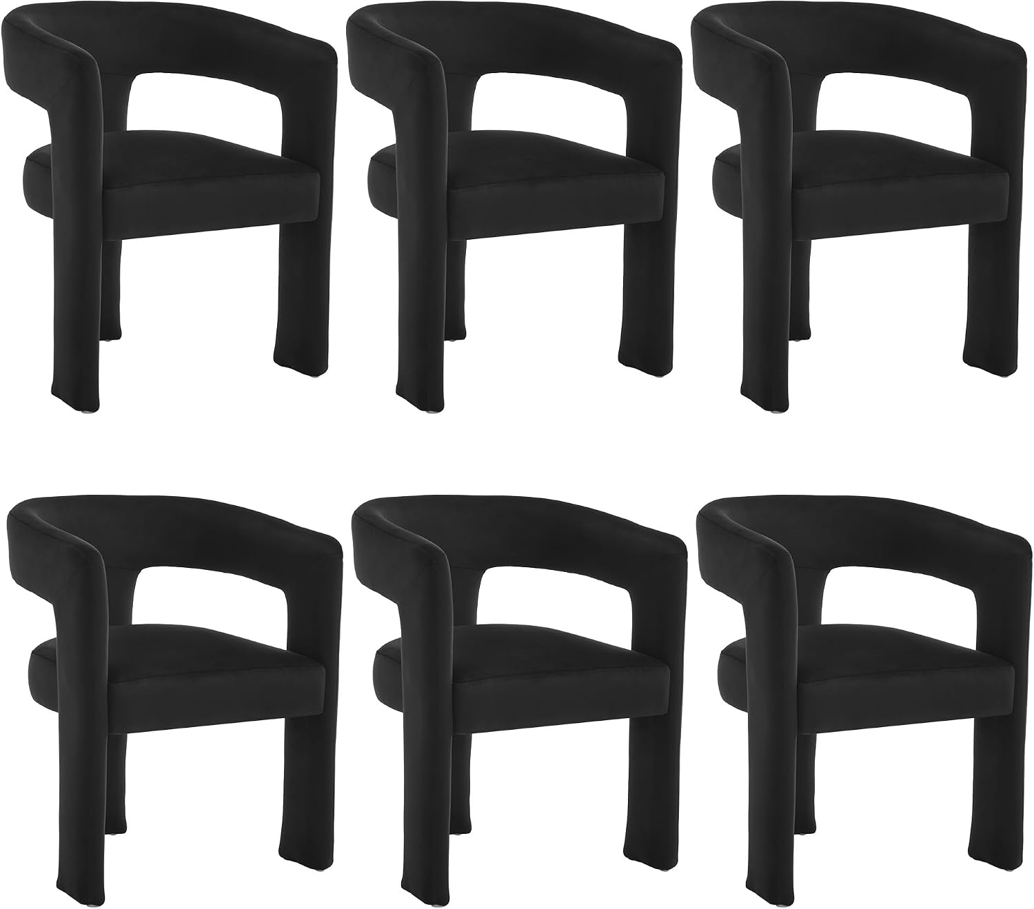 Modern Barrel Dining Chairs Set of 6, No Assembly Velvet Upholstered Dining Room Chairs with Open Back and 3 Legs, Comfy Accent Armchairs for Living Room/Bedroom/Kitchen/Reading, Black