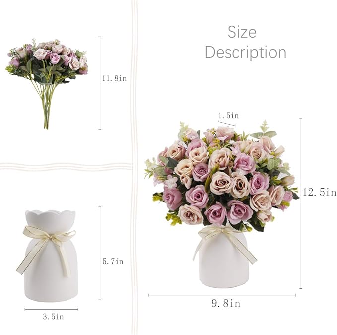 LESING Artificial Silk Rose with Vase Fake Flowers Wedding Flowers Bouquets Arrangement Home Office Party Centerpiece Table Decoration (Purple)