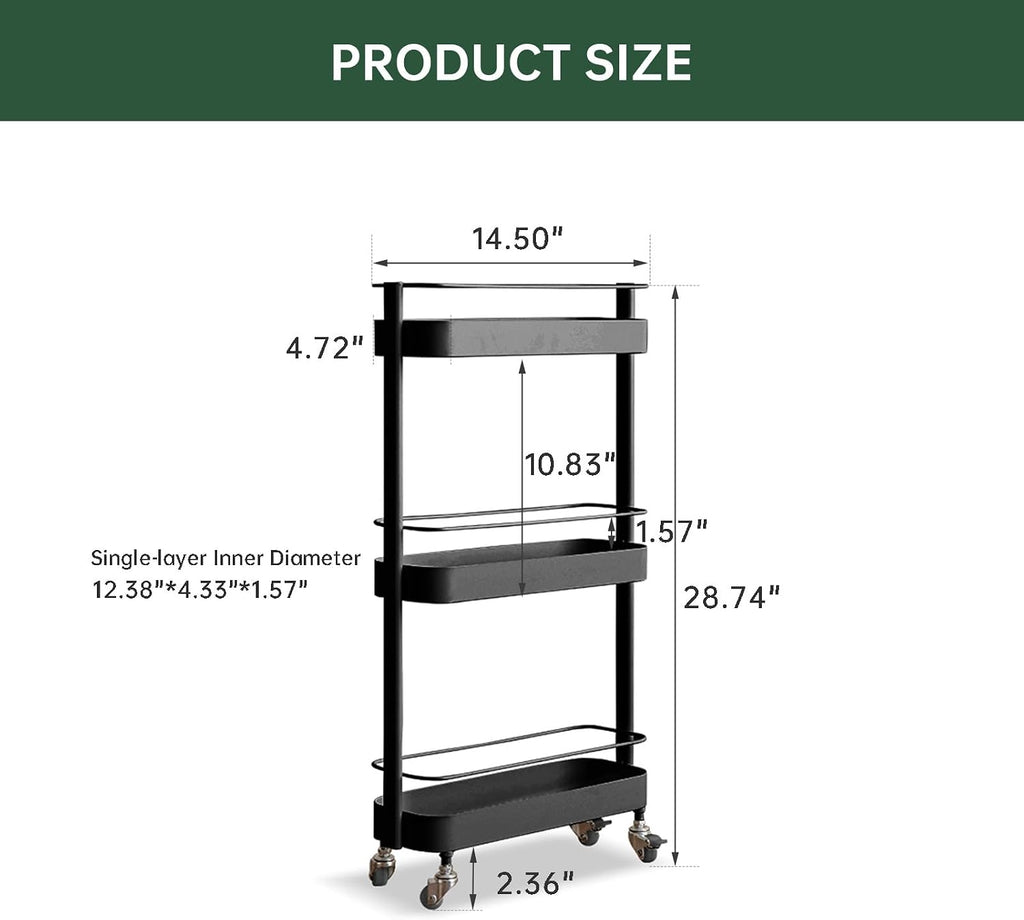 Narrow 3 Tier Rolling Cart, Slim Storage Cart for Bathroom Kitchen