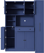 LUMISOL 70" Farmhouse Kitchen Pantry Storage Cabinet with Pull-Out Shelf, Wood Hutch Cabinet with Door Shelves and Drawer, Freestanding Food Hutch with Microwave Stand, Blue