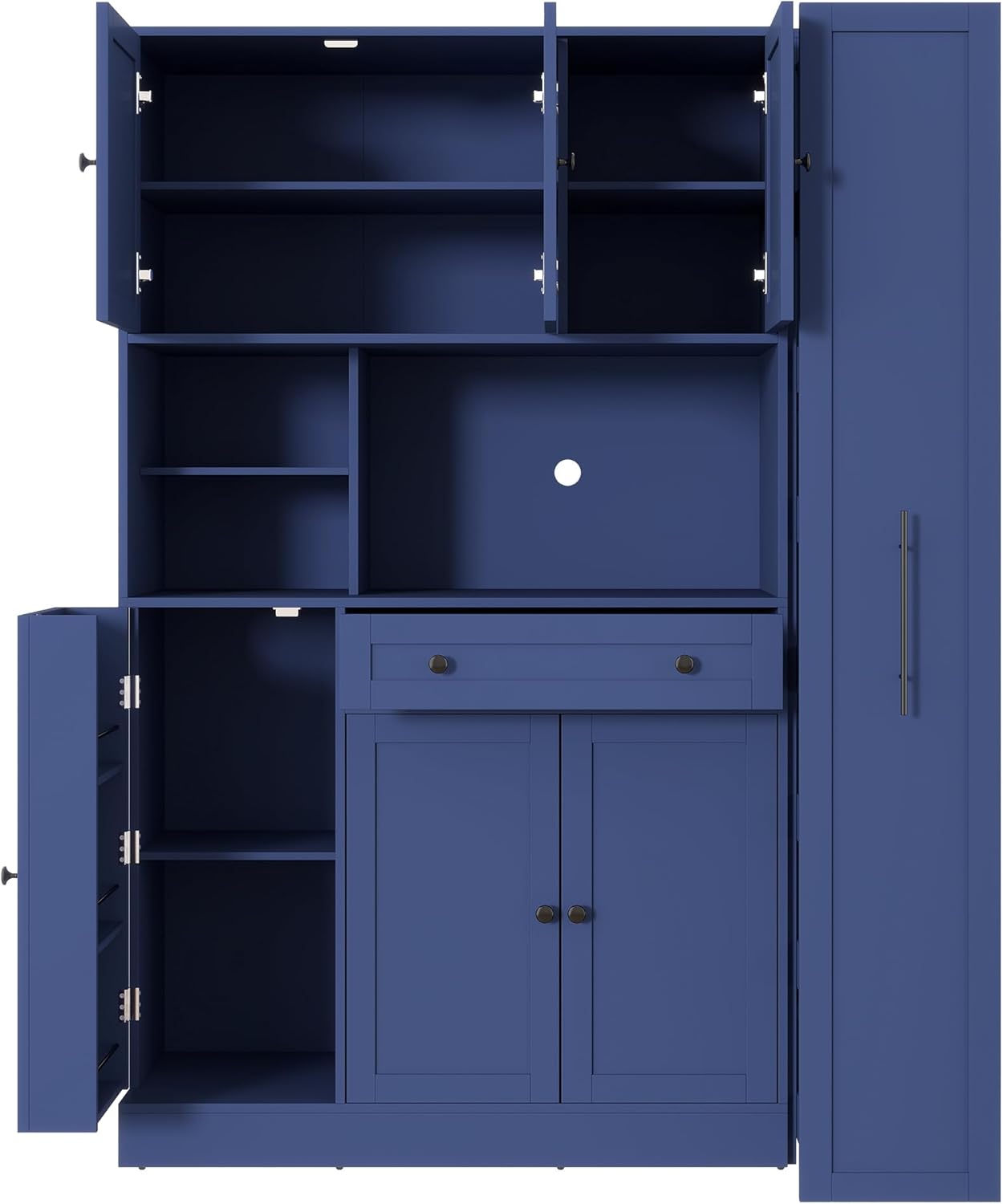 LUMISOL 70" Farmhouse Kitchen Pantry Storage Cabinet with Pull-Out Shelf, Wood Hutch Cabinet with Door Shelves and Drawer, Freestanding Food Hutch with Microwave Stand, Blue