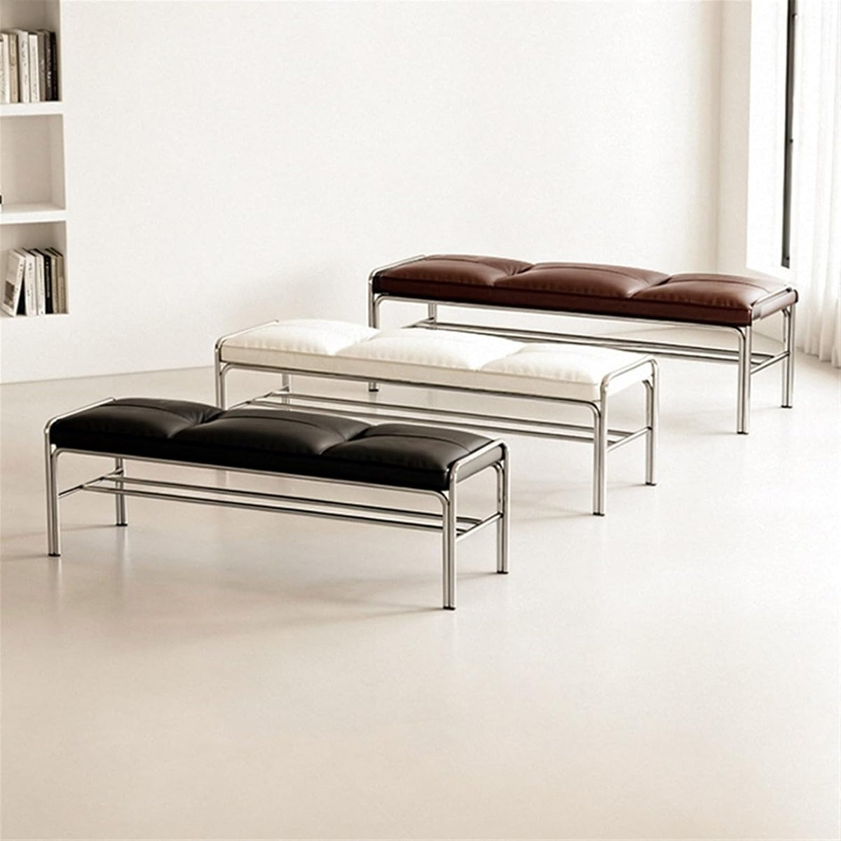 Modern Stainless Steel Long Bench with Leather Cushion Home-use Soft-Pack Shoe Changing Stool Black Entryway(Large)