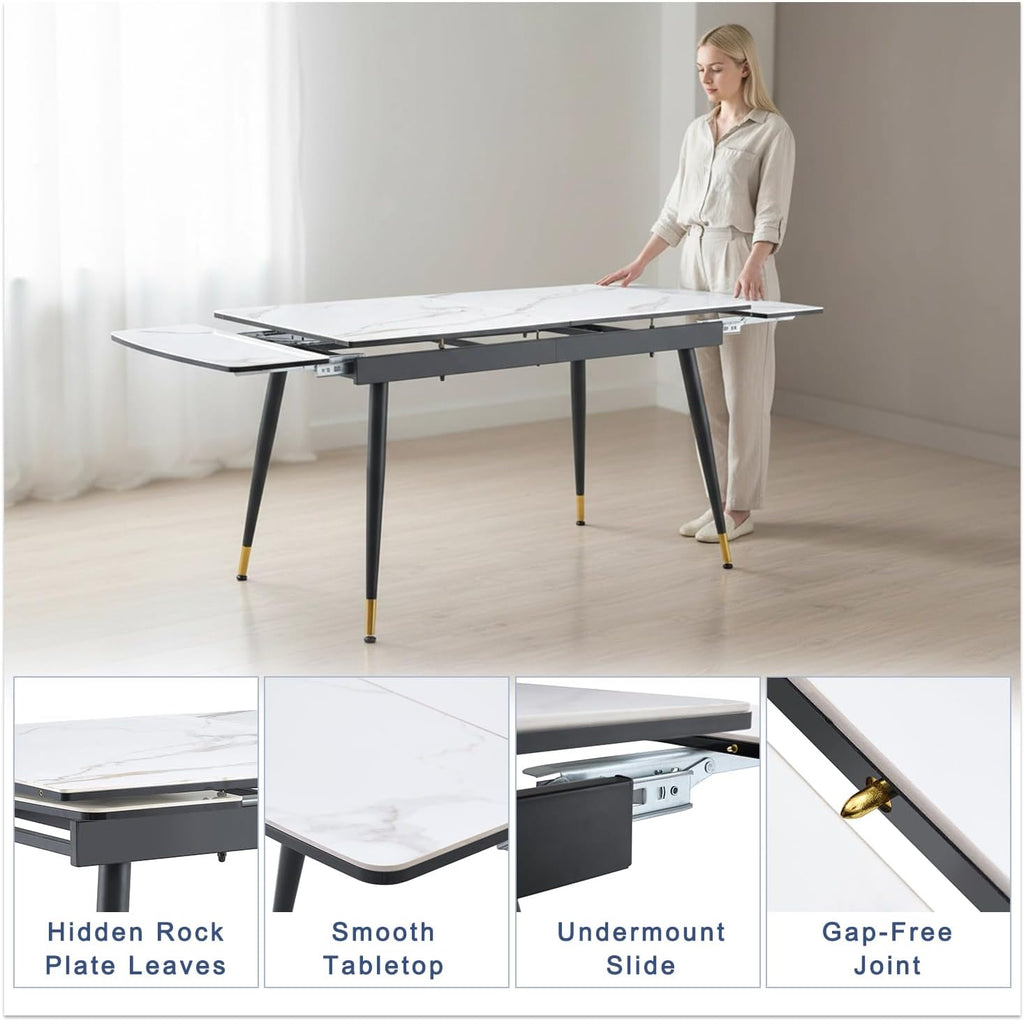 Extendable Dining Table Set for 8, 55"–79" Rectangular Dining Table with White Sintered Stone Top and 8 PU Leather Chairs, Modern Kitchen & Dining Room Table for Family Gatherings, Built to Last