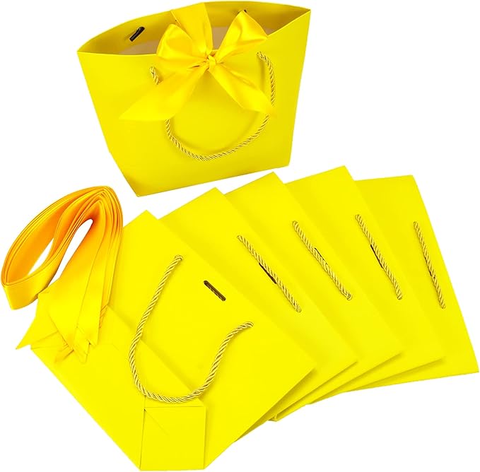 HUAPRINT Gift Bags with Handles,7.48×3.54×7.9 inches,Party Favor Bags with Bow Ribbon,12Pcs Yellow Paper Bags for Birthday Wedding Bridesmaid Present Celebration Holiday