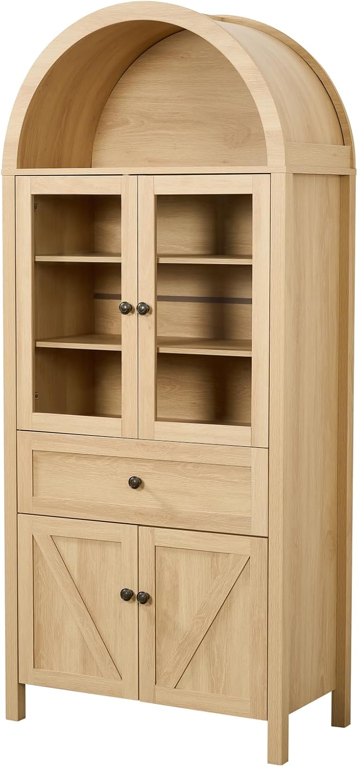Arched Pantry Cabinet with Doors and Drawers,Farmhouse Kitchen Pantry Storage Cabinet,China Cabinets with Glass Doors,Dining Room Hutch(Natural)
