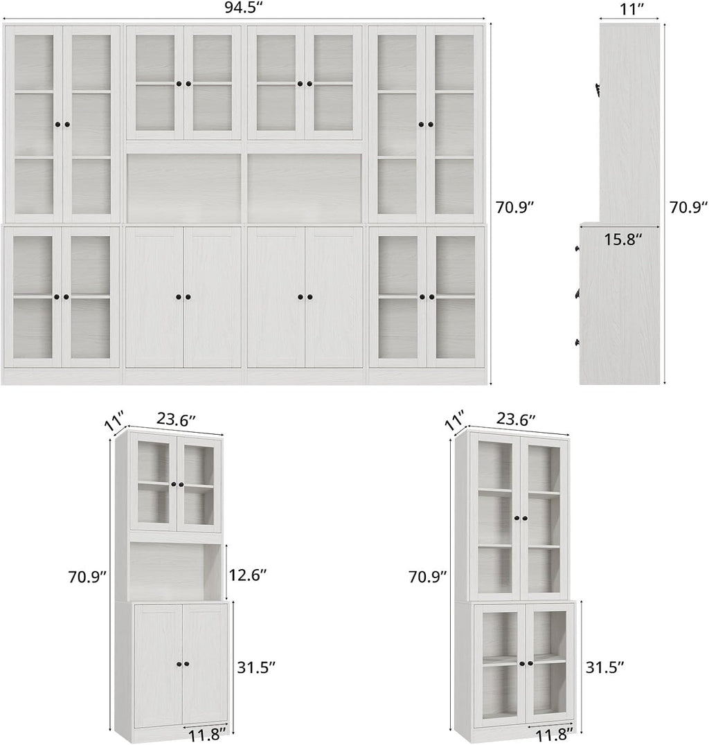 TUSY VOWNER 71'' Tall Pantry Cabinet, Kitchen Hutch Storage Cabinet, Buffet Hutch, China Cabinet with Glass Doors, 5-Tier Storage Cabinets for Dining Room, Kitchen, Living Room (White)