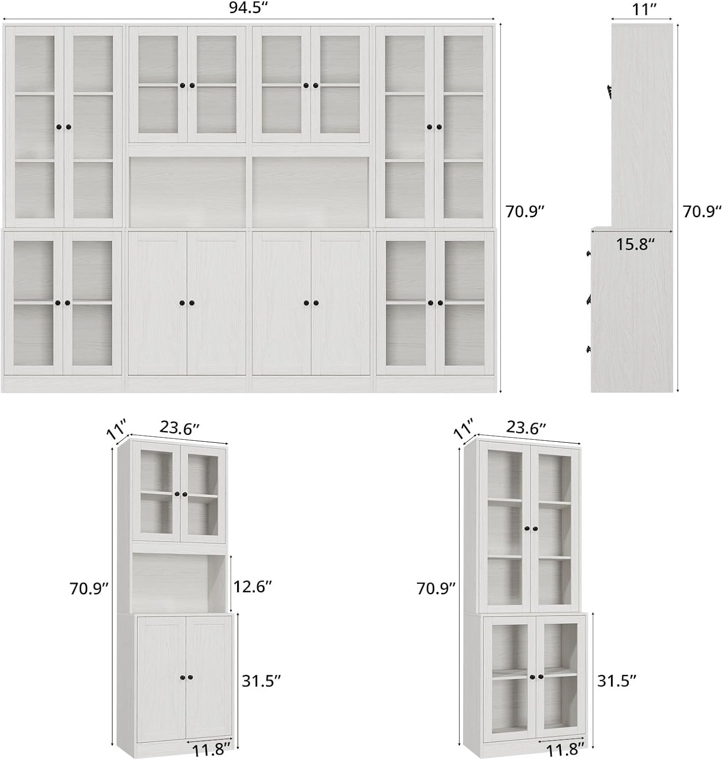 TUSY VOWNER 71'' Tall Pantry Cabinet, Kitchen Hutch Storage Cabinet, Buffet Hutch, China Cabinet with Glass Doors, 5-Tier Storage Cabinets for Dining Room, Kitchen, Living Room (White)
