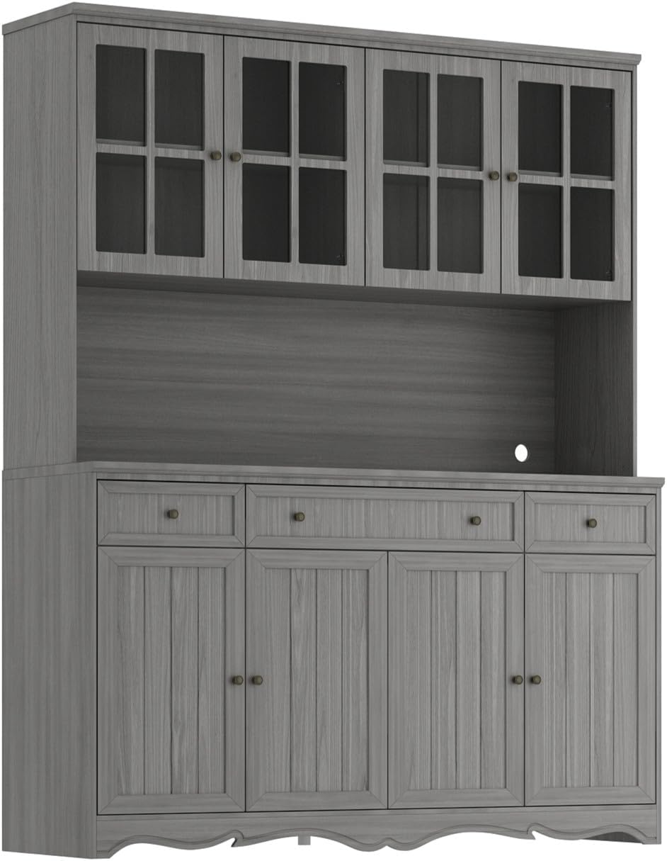 Timechee 75.9" Tall Kitchen Pantry Storage Cabinet with Drawers, Farmhouse Storage Hutch Cabinet with Doors and Shelves, Kitchen Food Pantry Cupboard and Coffee Bar Station for Dining Room, Grey