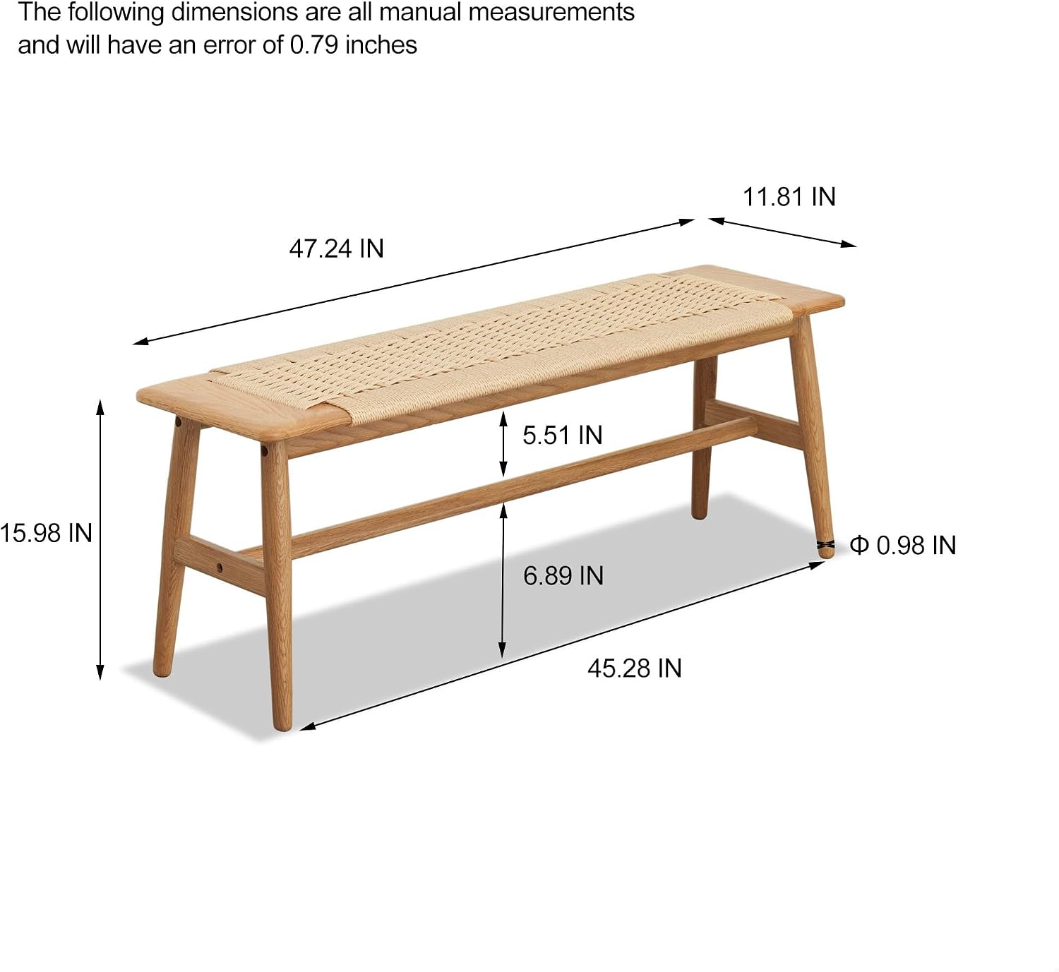 47.24" Natural Oak Wood Dining Bench with Woven Cane Seat Solid Wood Entryway Bench for Dining Room Bedroom Living Room, Natural