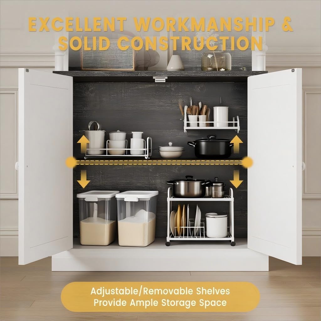 GAOMON 71" Tall Pantry Cabinet with LED Lights, Freestanding Storage Cabinets with Hutch, Kitchen Pantry with 2 Doors and Adjustable Shelves for Dining Room, Living Room