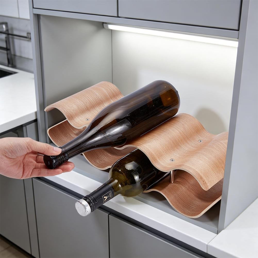 UNICRAFTALE 7 Bottle Wooden Countertop Wine Rack 2 Tier Wavy Small Peru Brown Wood Wine Holder Shelf for Kitchen Bar Dining Room Display 16.5x6.1x3.9 Inch