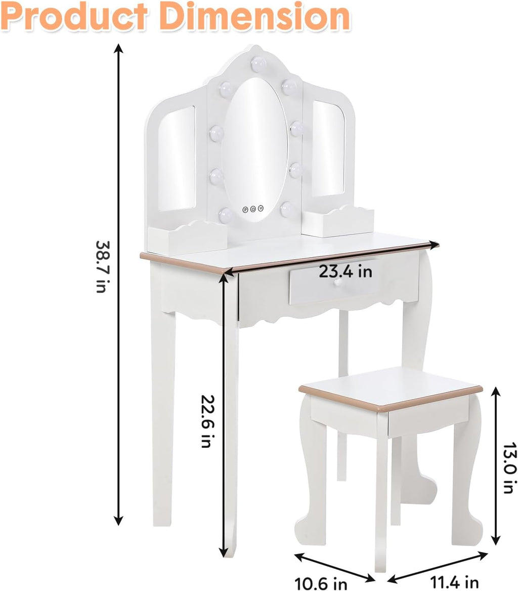 Garvee Kids Vanity with Tri-Fold Lighted Mirror, Stool, & Makeup Playset | Little Girls Vanity Table & Stool, Kids Makeup with Tri-Fold Mirror, Drawer & Storage Grid for 3-9 Yrs Girls, White