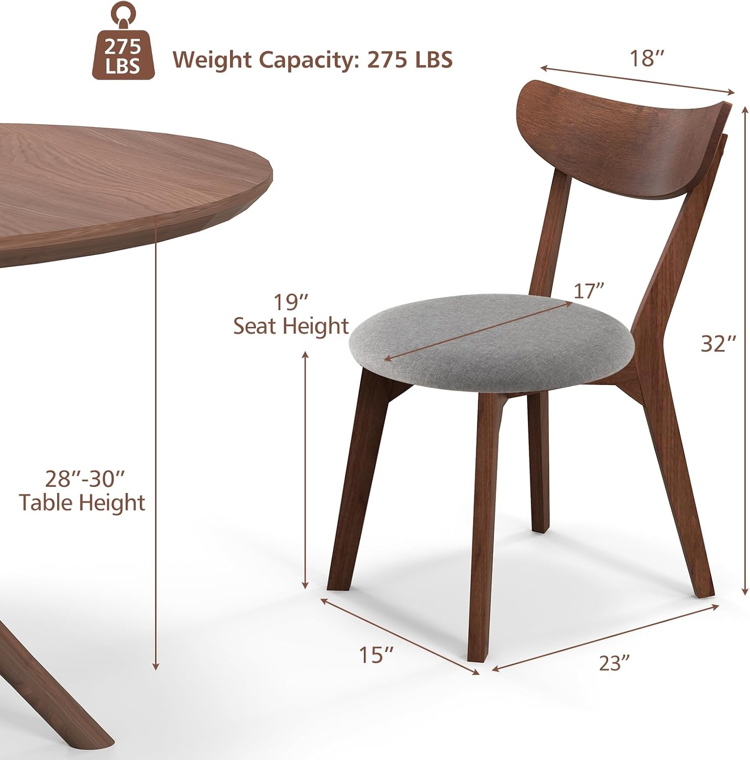 ERGOMASTER Mid-Century Dining Chairs, Rubber Wood Chairs with Back for Home, Kitchen, Dining Room, Restaurant, Gray-Blue Cushion, Set of 2