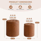 Round Ottoman with Storage Set of 2, 12.6"W x 14.17"H & 14.76"W x 17.32"H Faux Leather Button Tufted Storage Ottoman, Boucle Vanity Stool Footrest Coffee Table for Living Room, Bedroom, Brown