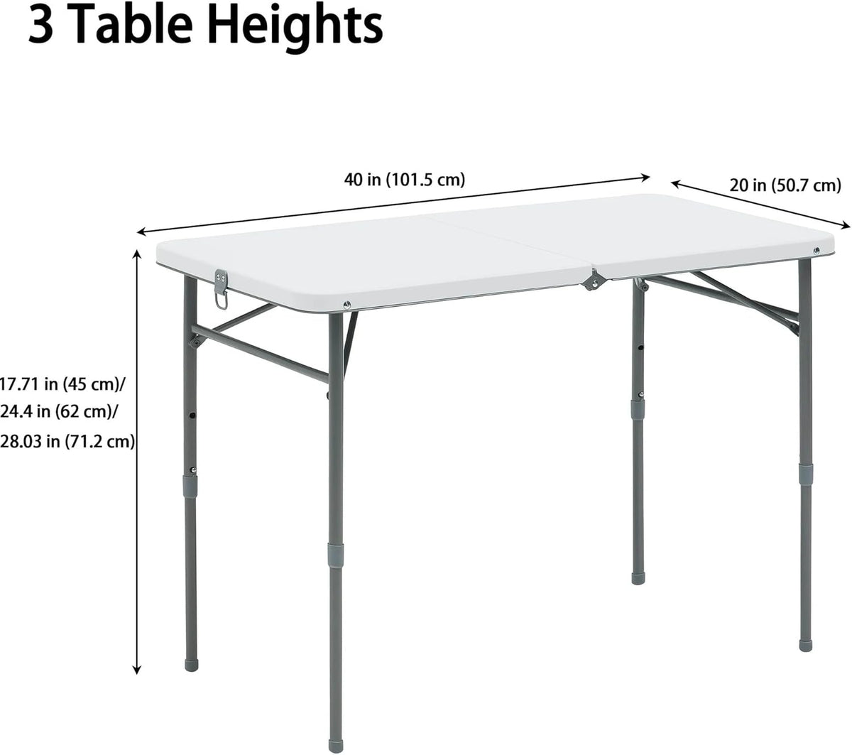 40" L x 20" W Plastic Adjustable Height Fold-in-Half Folding Table, White