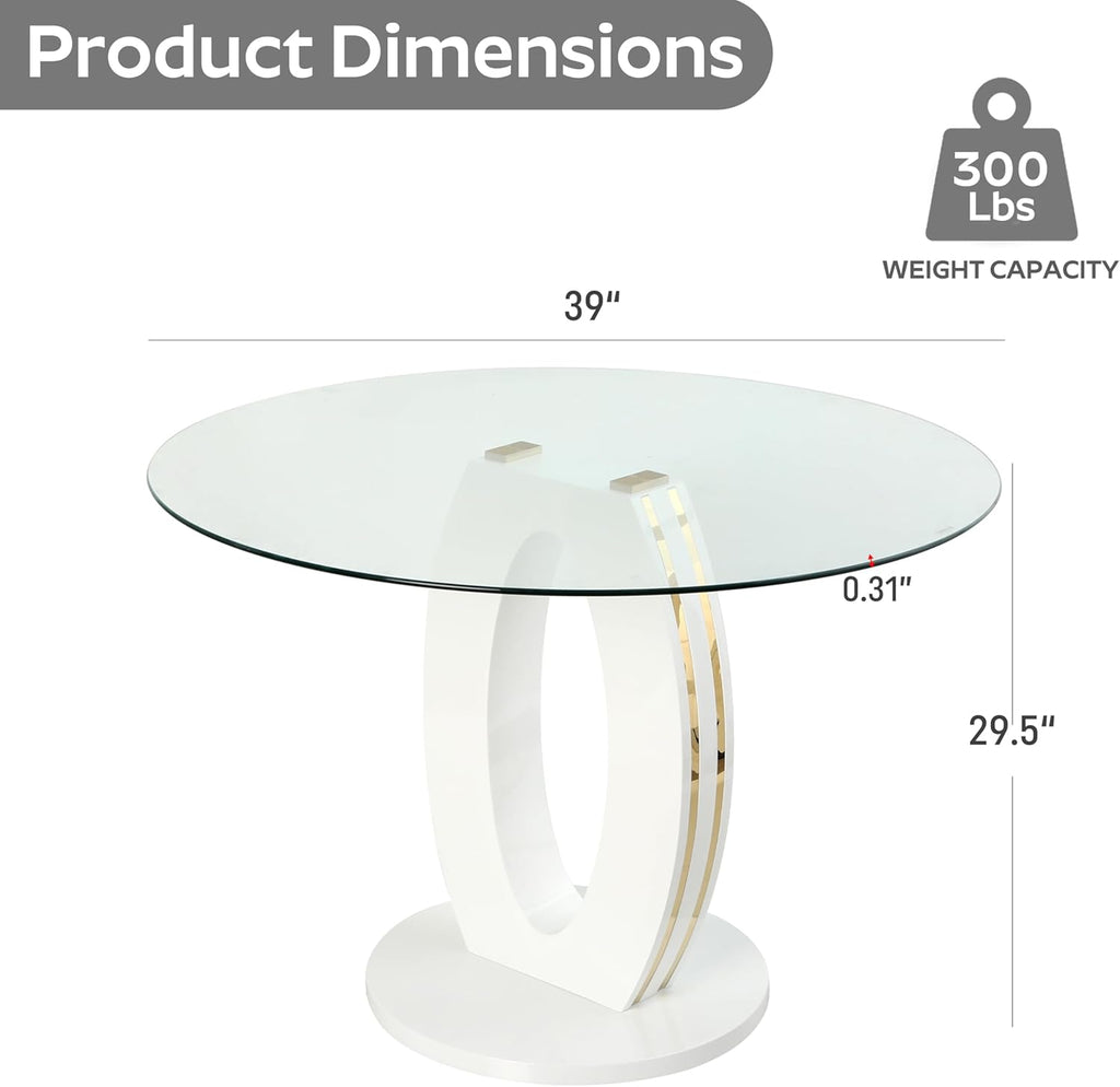 RGZ 39'' Modern Luxury Clear Glass Round Dining Table for 4-6, Glass Circle Top Kitchen Table with Elegant Gold Decorative Strips & White Base, Small Apartment Dinner Table for Home, Living Room