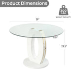RGZ 39'' Modern Luxury Clear Glass Round Dining Table for 4-6, Glass Circle Top Kitchen Table with Elegant Gold Decorative Strips & White Base, Small Apartment Dinner Table for Home, Living Room