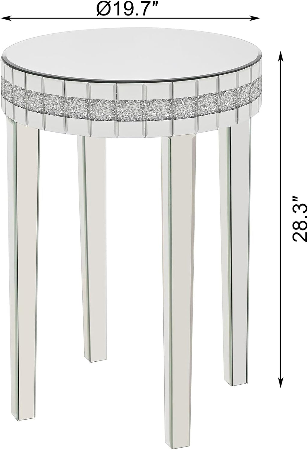 19.7" Mirror Side Table Round End Table with Crushed Diamond and Glass Top, Silver Coffee Table for Living Room, Bedroom, Sofa, Corner