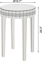 19.7" Mirror Side Table Round End Table with Crushed Diamond and Glass Top, Silver Coffee Table for Living Room, Bedroom, Sofa, Corner