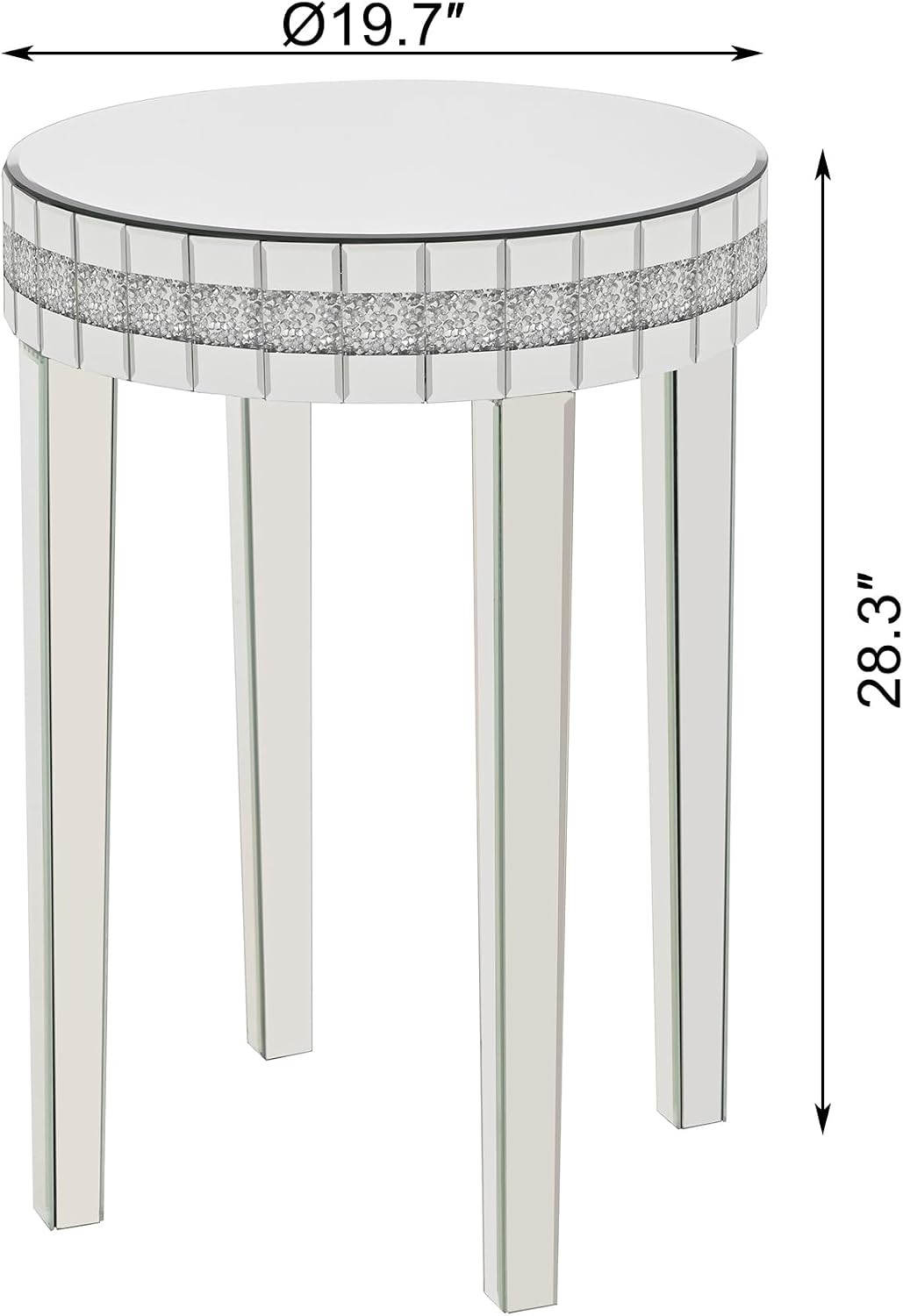 19.7" Mirror Side Table Round End Table with Crushed Diamond and Glass Top, Silver Coffee Table for Living Room, Bedroom, Sofa, Corner