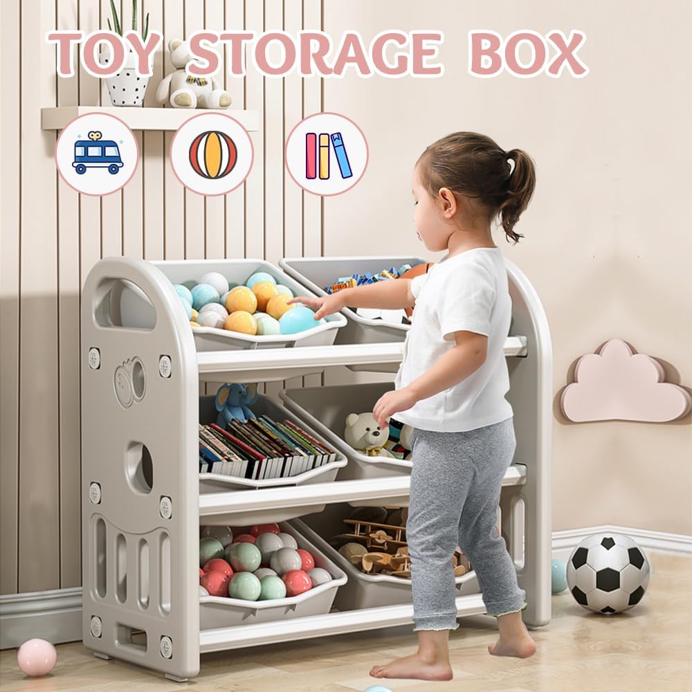 Kids Toy Storage Organizer, 3-Tier Shelves Multi-Functional Kids Storage Organizer with 6 Removable Bins Large Storage Capacity for Boys Girls Bedroom Playroom, Nursery (Grey)