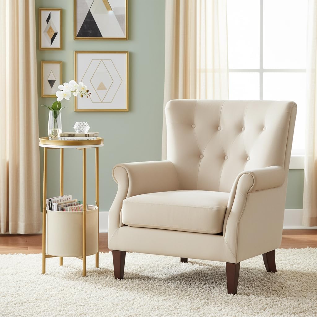 Small Round Side Table with Storage Basket, 2-Tier Round End Table for Living Room & Bedroom, 26" Tall Nightstand Modern Sofa End Table for Small Spaces (White Gold)