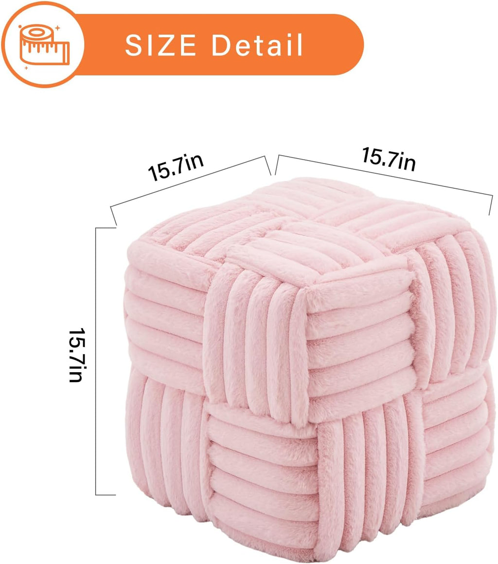 Faux Fur Ottoman Footrest 15.7" Square Vanity Stool, No Assembly Required, Soft Padded Seat for Bedroom, Living Room, Entryway (Pink-1)