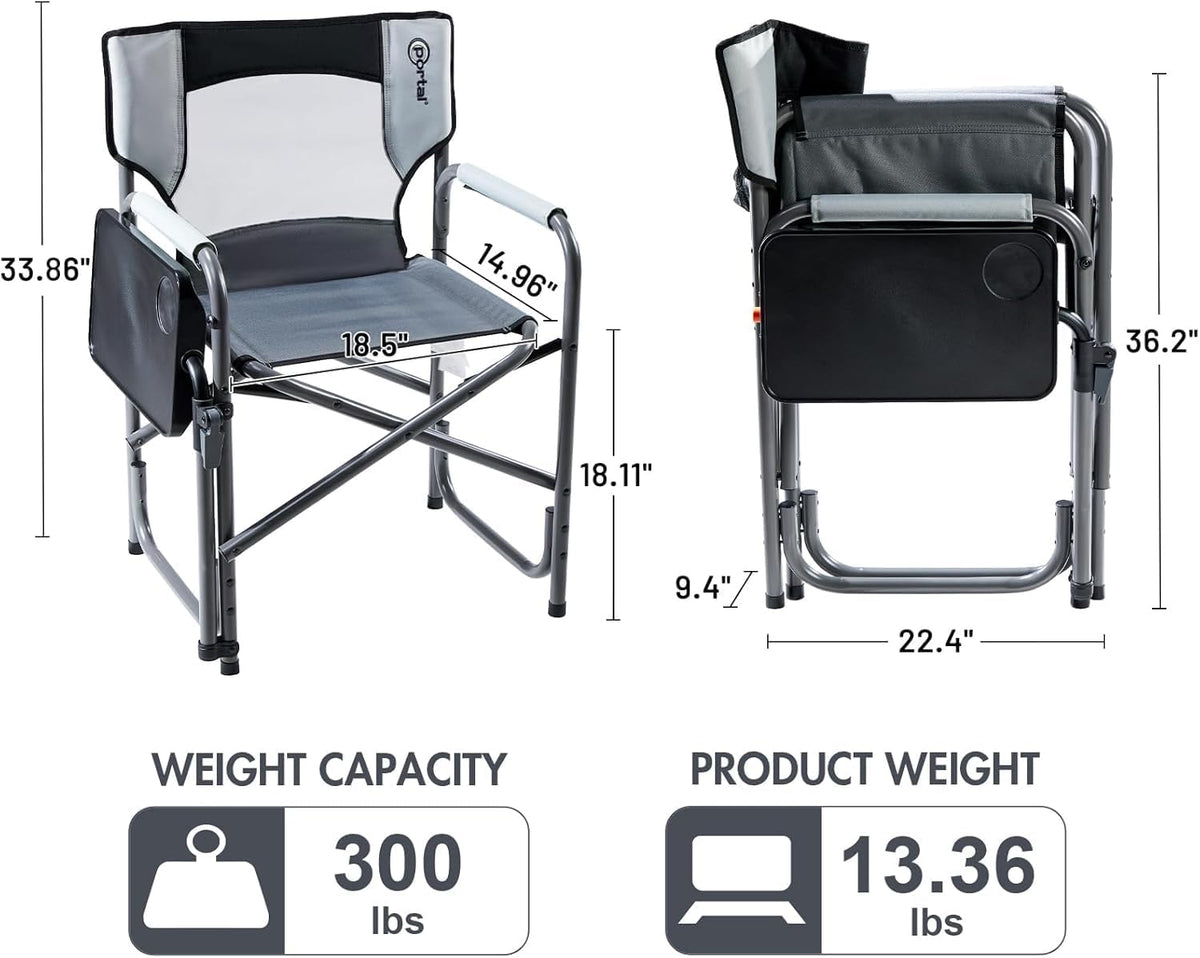 Portal Director Camping Chair with 2-Way Rotating Side Table, 300 lb, Gray | Height-Adjustable Swivel Tray with Cup Holder, Breathable Mesh Back, Portable for Camping, Tailgating, Lawn and RV Travel