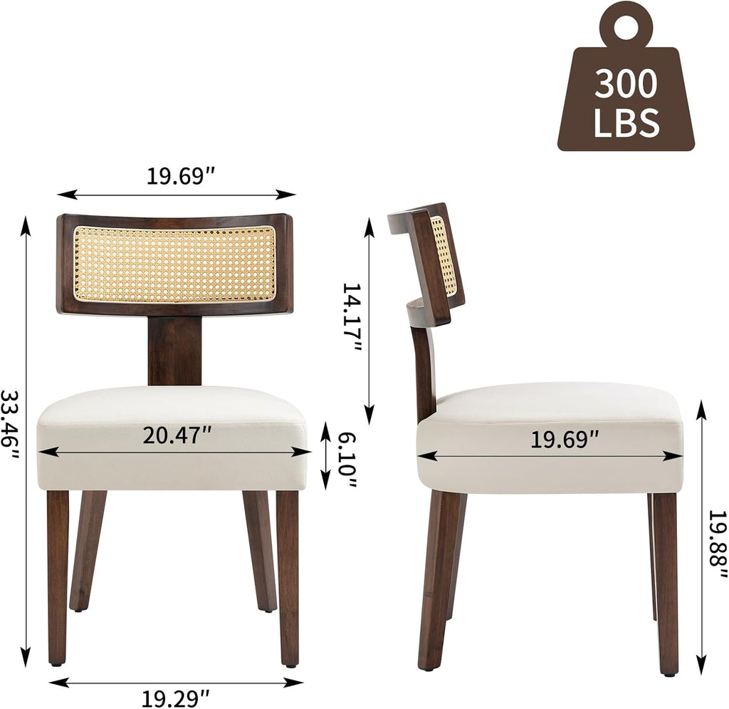 Rattan Dining Chairs Set of 2, Farmhouse Kitchen Chair with Cane Back & Wood Frame in Walnut Finish, Beige Linen Upholstered