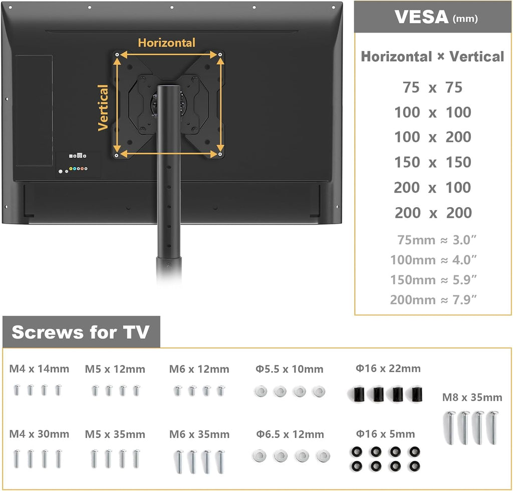 TVON TV Floor Stand for 13-50 inch LCD LED Flat/Curved Panel Screen TVs up to 44 lbs, Height Adjustable TV Stand Mount with VESA 200x200, Portable TV Stand for Bedroom, Dorm Room, Office | Tilting and Rotating Mount, Portrait to Landscape, Height