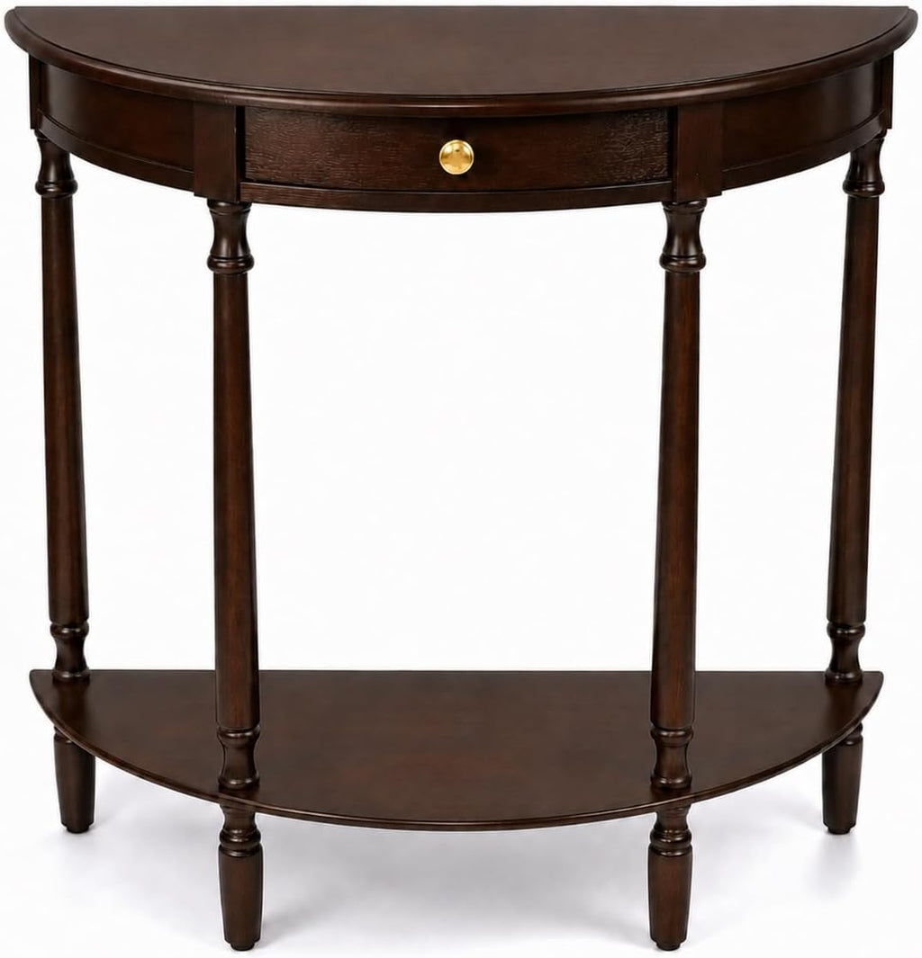Decor Therapy Truro Half Round Console Table, Traditional Entryway Table with Drawer and Lower Shelf, Classic Hall or Sofa Table for Foyer, Living Room, Walnut