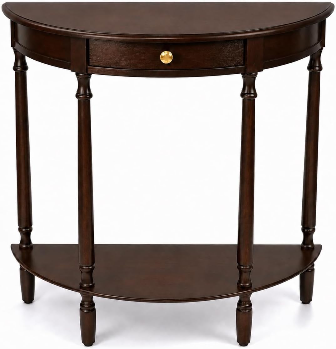 Decor Therapy Truro Half Round Console Table, Traditional Entryway Table with Drawer and Lower Shelf, Classic Hall or Sofa Table for Foyer, Living Room, Walnut