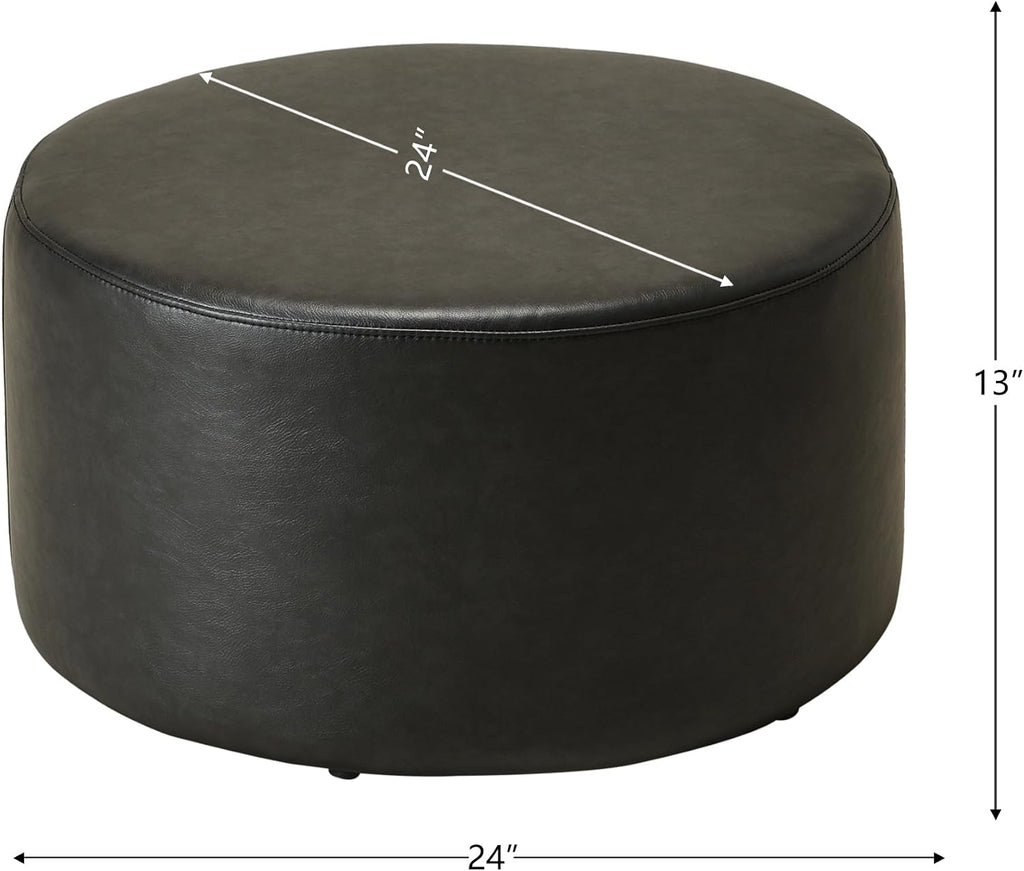 KINWELL Modern Faux Leather Round Upholstered Ottoman, Multi-Functional Sofa Footrest, Side Table, Extra Seating for Living Room, Bedroom (Black, 24" D x 24" W x 13" H)
