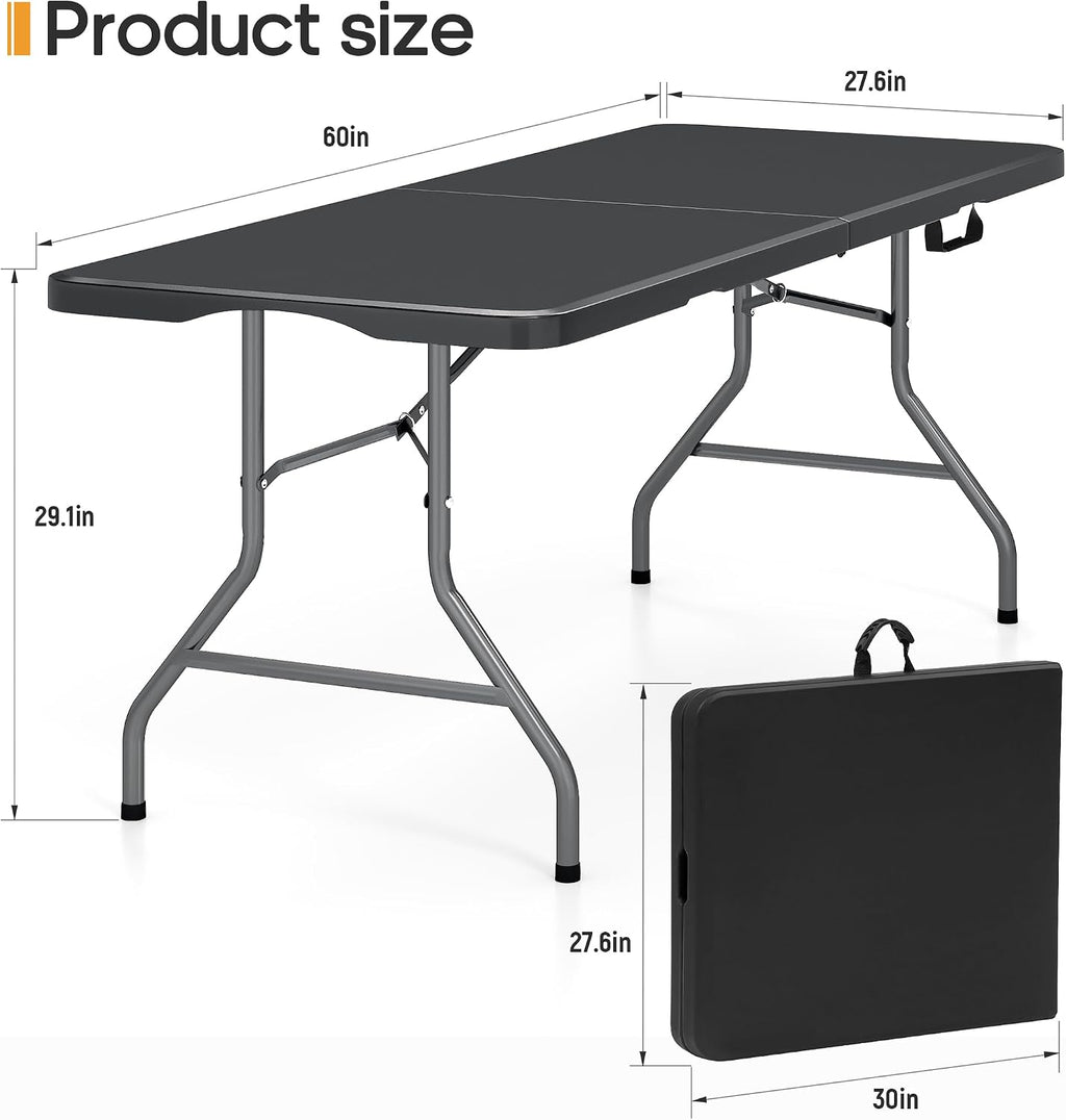 5ft Folding Table Heavy Duty 350 LBS Capacity Foldable Table with 18% Thicker HDPE Waterproof Top & Reinforced Steel Frame, Portable Fold-in-Half Table for Outdoor Indoor Party Wedding Camping