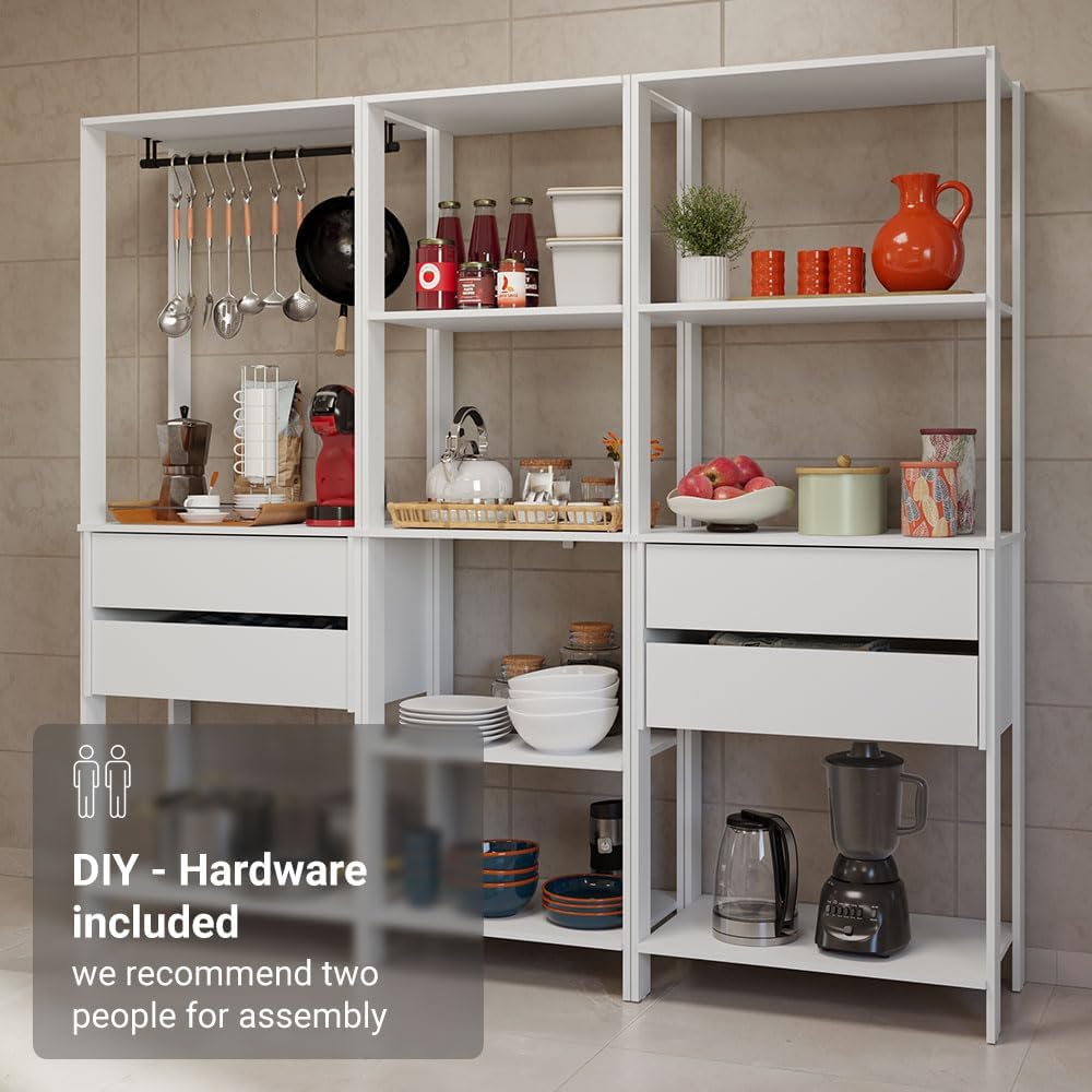 Madesa Kitchen Pantry Storage Rack with 4 Drawers, Open Shelves and Hanging Space 78" L Multiuse Modular Cabinet for Kitchen Organization - White